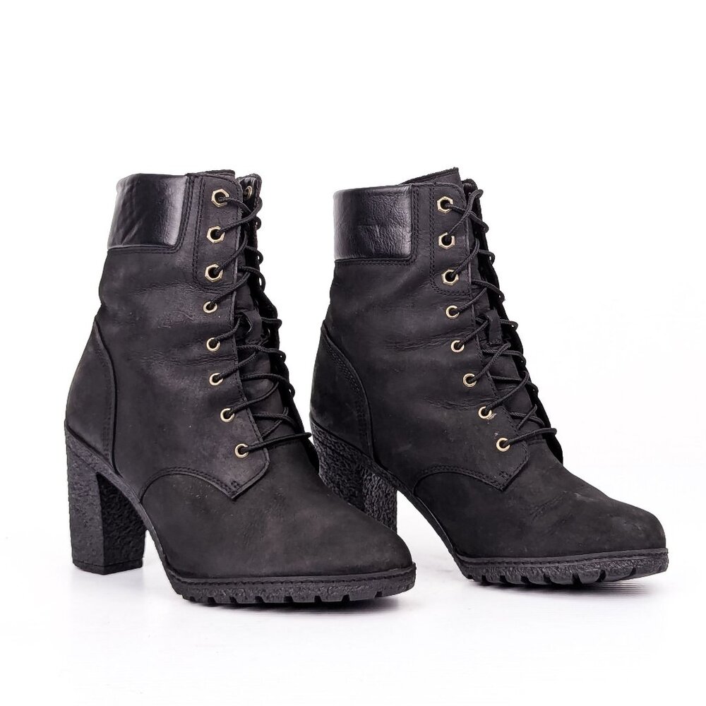 Timberland Women Glancy Lace-up Black Leather Heel Combat Boots sz 8